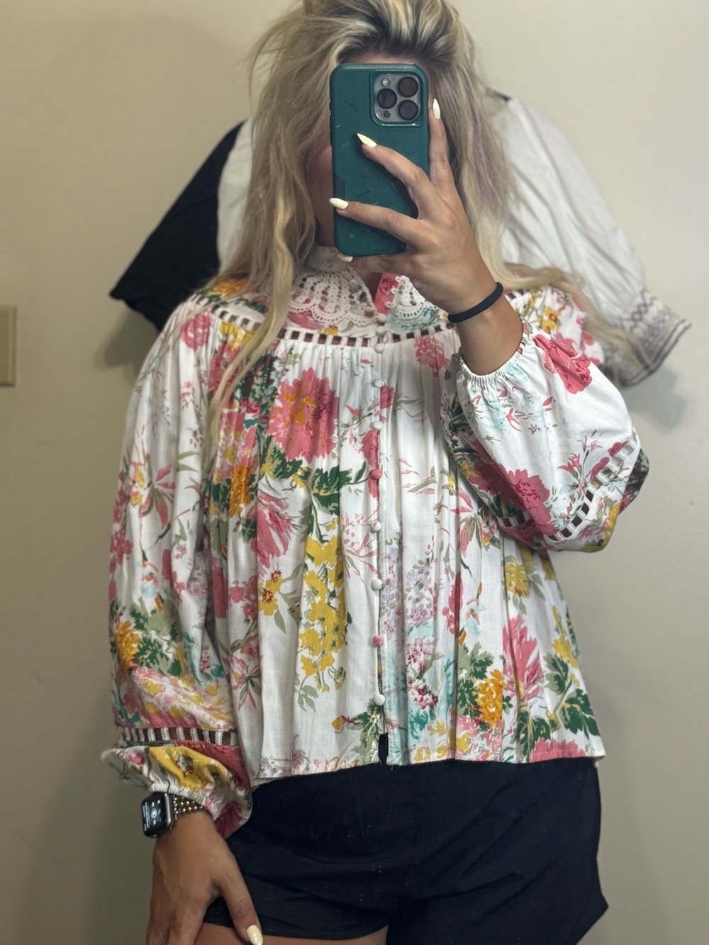 Floral Crochet-Yoke Peasant Blouse by Ciebon